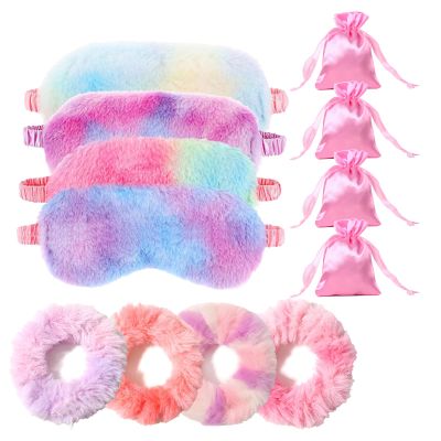 12 PCS Sleepover Party Supplies for Women, Fluffy Eye Mask Set with Blindfolds, Sleeping Mask for Women, with Hair Ties and Drawstring Bags, Ideal for Travel and Home Use
