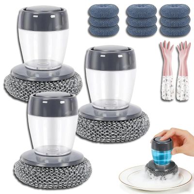2026 New Comfort Grip Soap Dispensing Kitchen Scrub, Refillable Dishwashing Brush with Built-In Soap Button, Replaceable Nylon Bristles, Non-Slip Comfort Grip Soap Dispenser for Cleaning Dishes (3PC)