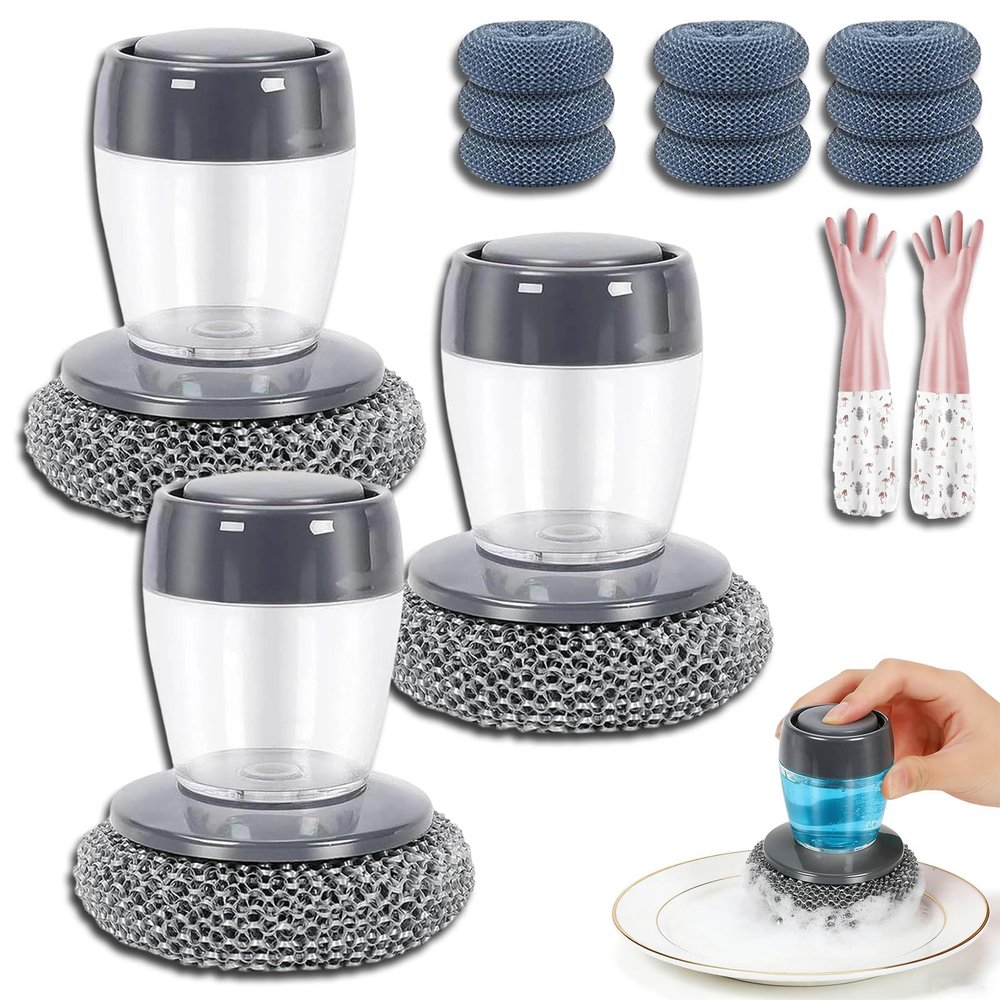 2026 New Comfort Grip Soap Dispensing Kitchen Scrub, Refillable Dishwashing Brush with Built-In Soap Button, Replaceable Nylon Bristles, Non-Slip Comfort Grip Soap Dispenser for Cleaning Dishes (3PC)