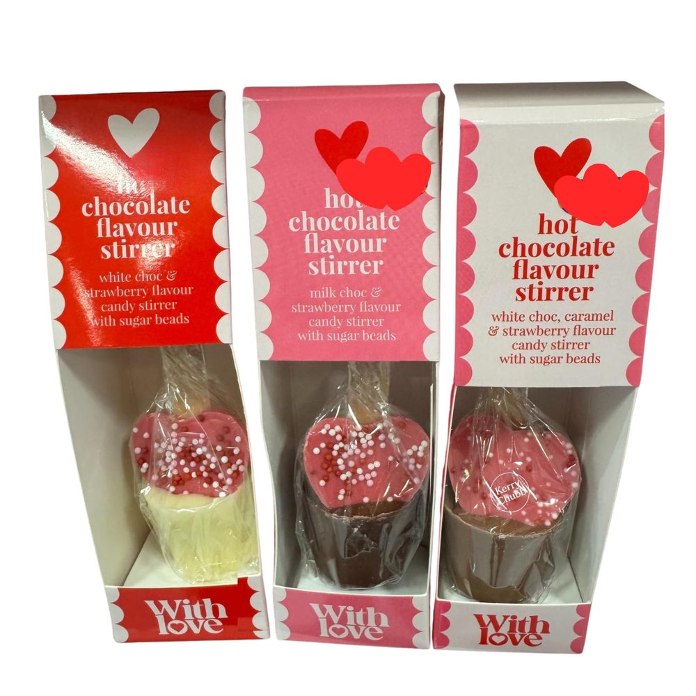 3x Hot Chocolate Stirrers - Heart-Shaped Candy Stirrers with Sugar Beads - Valentines Day Gift for Her or Him, Valentines Gifts for Women & Men