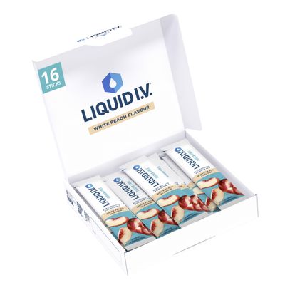 Liquid I.V. Sugar Free Electrolyte Powder Mix, White Peach Flavour, For Fast Hydration & Energy, with 8 Vitamins & Minerals including Magnesium, Vegan and Gluten Free, 16 Sachet Sticks