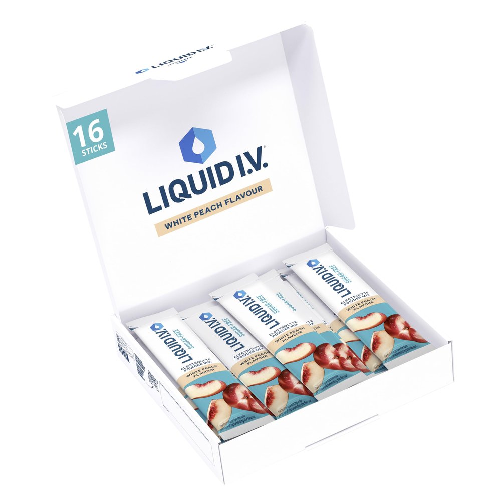 Liquid I.V. Sugar Free Electrolyte Powder Mix, White Peach Flavour, For Fast Hydration & Energy, with 8 Vitamins & Minerals including Magnesium, Vegan and Gluten Free, 16 Sachet Sticks
