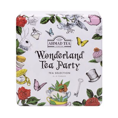 Ahmad Tea Gifts | Wonderland Tea Party Selection Caddy | Black Teas & Green Tea | Perfect tea gift | 32 Teabag Sachets | 4 Flavours