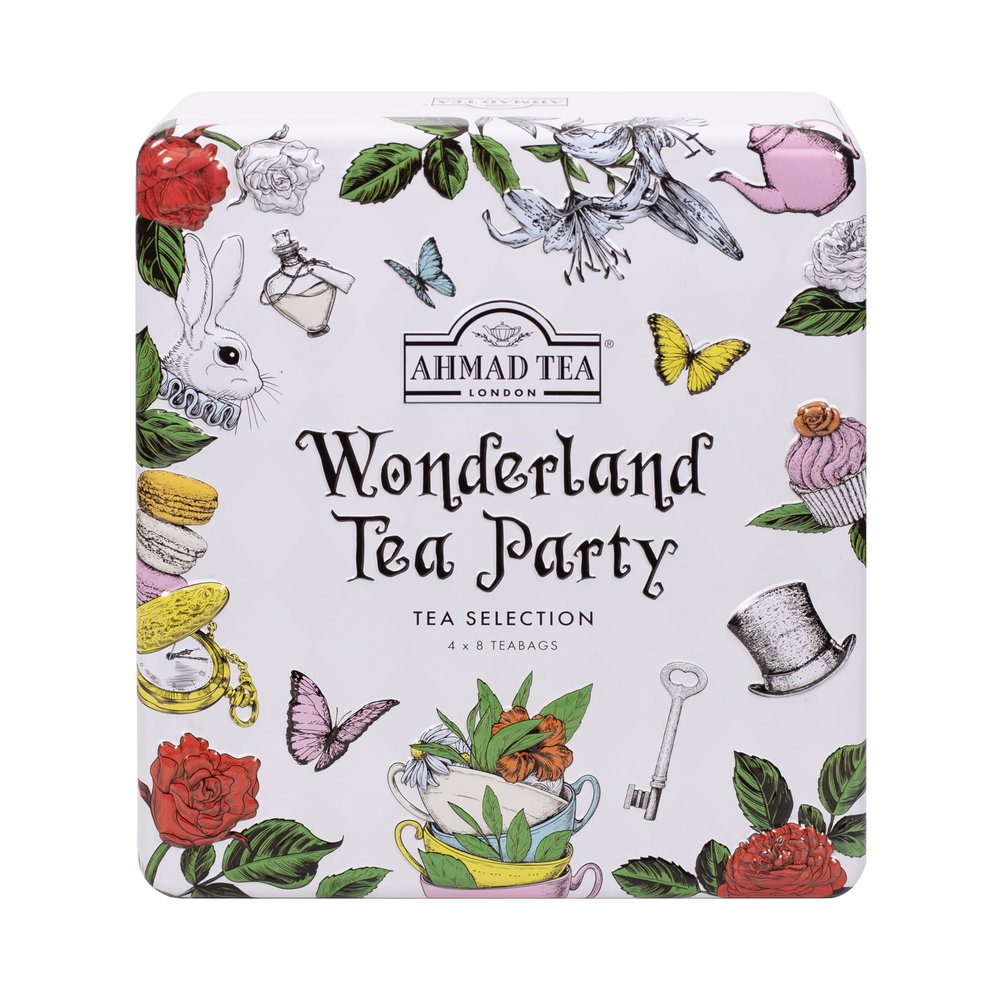 Ahmad Tea Gifts | Wonderland Tea Party Selection Caddy | Black Teas & Green Tea | Perfect tea gift | 32 Teabag Sachets | 4 Flavours