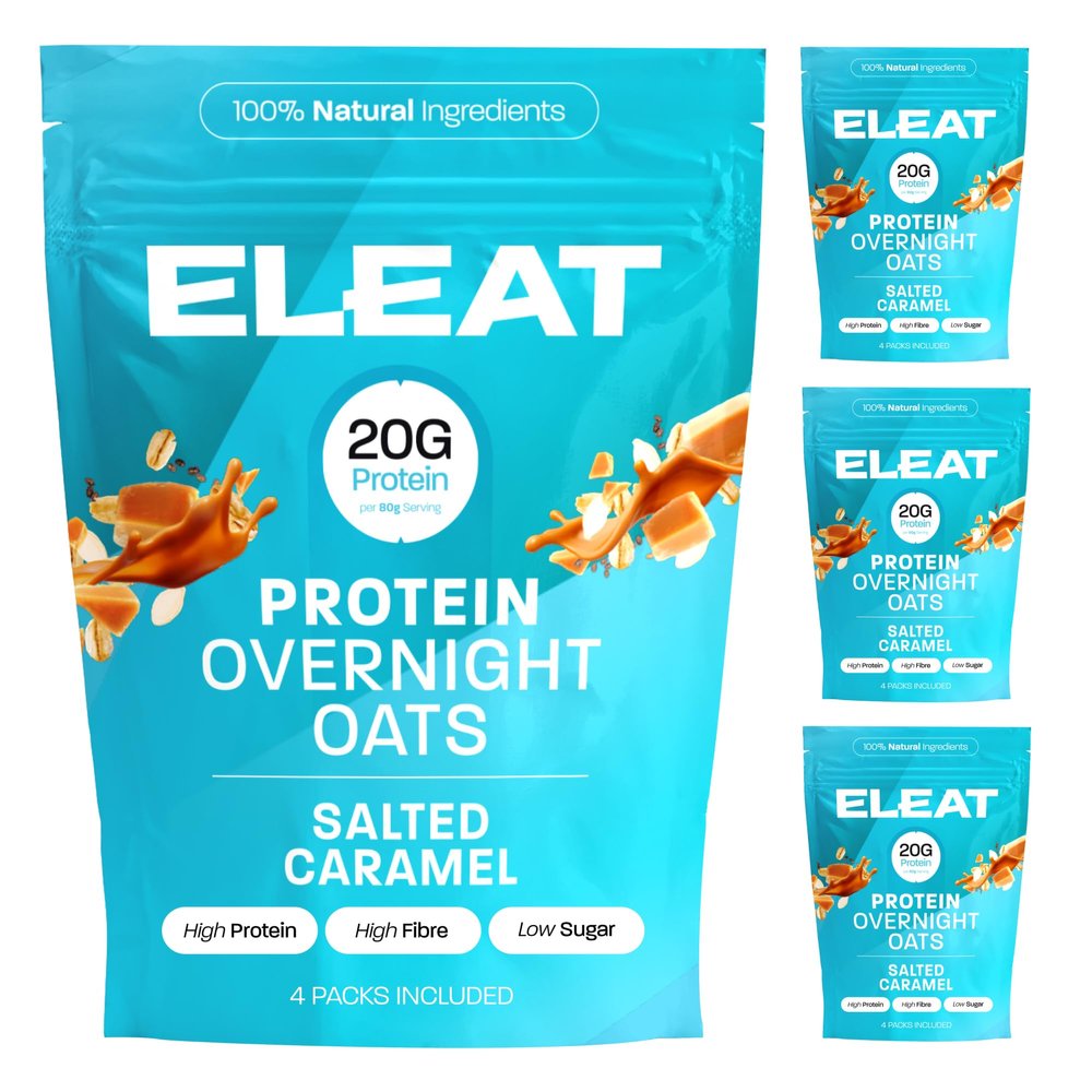ELEAT | High Protein Overnight Oats | Salted Caramel | Low Sugar Breakfast | High Fibre Porridge | Gluten Free & Vegan | 4 x 400g