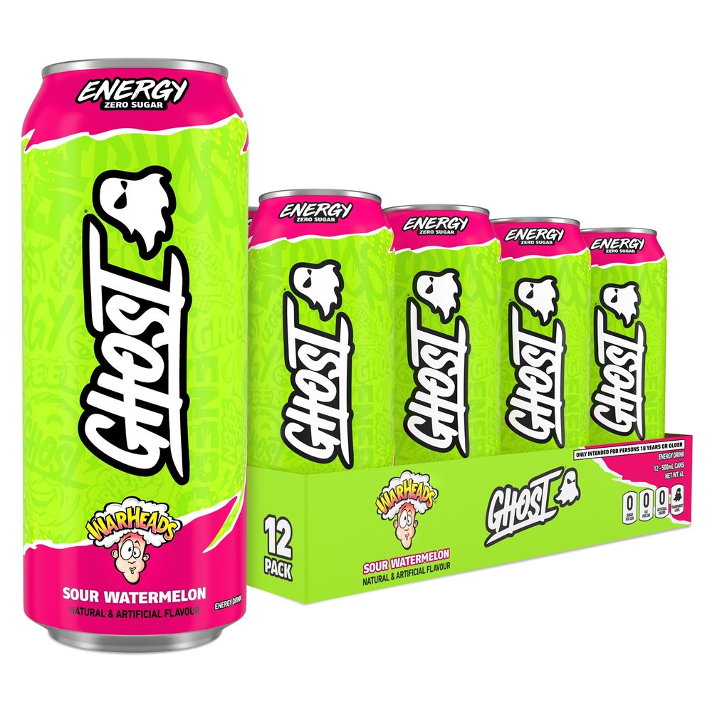 GHOST Sugar-Free Energy Drink - 12-Pack, Warheads Sour Watermelon, 500ml Cans - No Artificial Colours - 160mg Natural Caffeine, L-Carnitine & Taurine - Gluten-Free & Vegan Fizzy Drinks