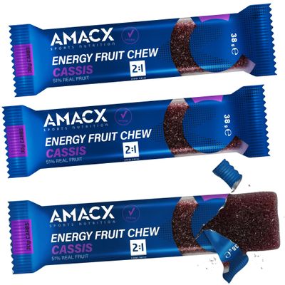 Amacx Fruit Chew - Energy Chews For Running, Cycling, Hiking & Endurance - 30g Carbs, 100mg Sodium - Energy Bars - Pack of 3 x 38g Bar (Cassis)