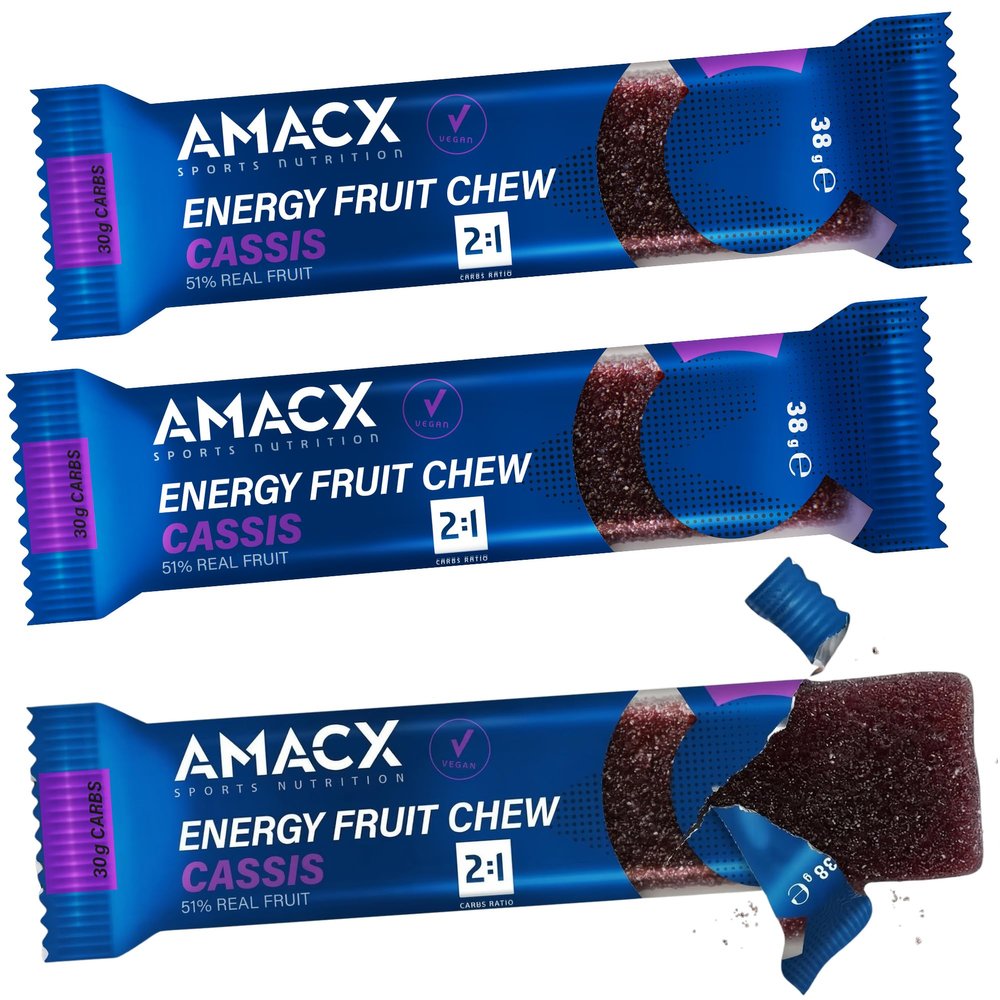 Amacx Fruit Chew - Energy Chews For Running, Cycling, Hiking & Endurance - 30g Carbs, 100mg Sodium - Energy Bars - Pack of 3 x 38g Bar (Cassis)
