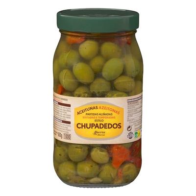 Huerta de Barros Pickled Green Olives, Seasoned, 980g Jar, 600g Drained, Pack of 3