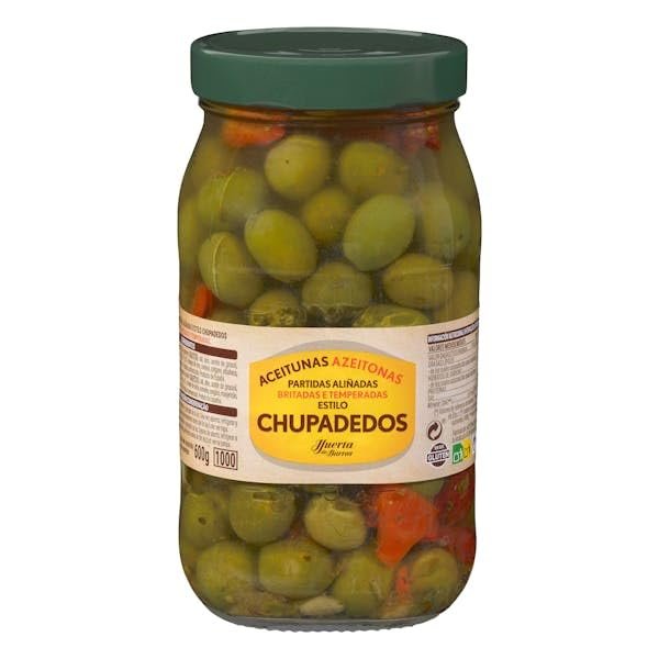 Huerta de Barros Pickled Green Olives, Seasoned, 980g Jar, 600g Drained, Pack of 3
