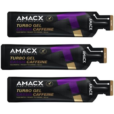 Amacx Turbo Energy Running Gels with Electrolytes for Training - 40g Carbs, 200mg Sodium Vegan, Gluten Free Sports Nutrition - Energy Gels for Running, Cycling, Endurance - 3 x 60ml (Cassis Caffeine)