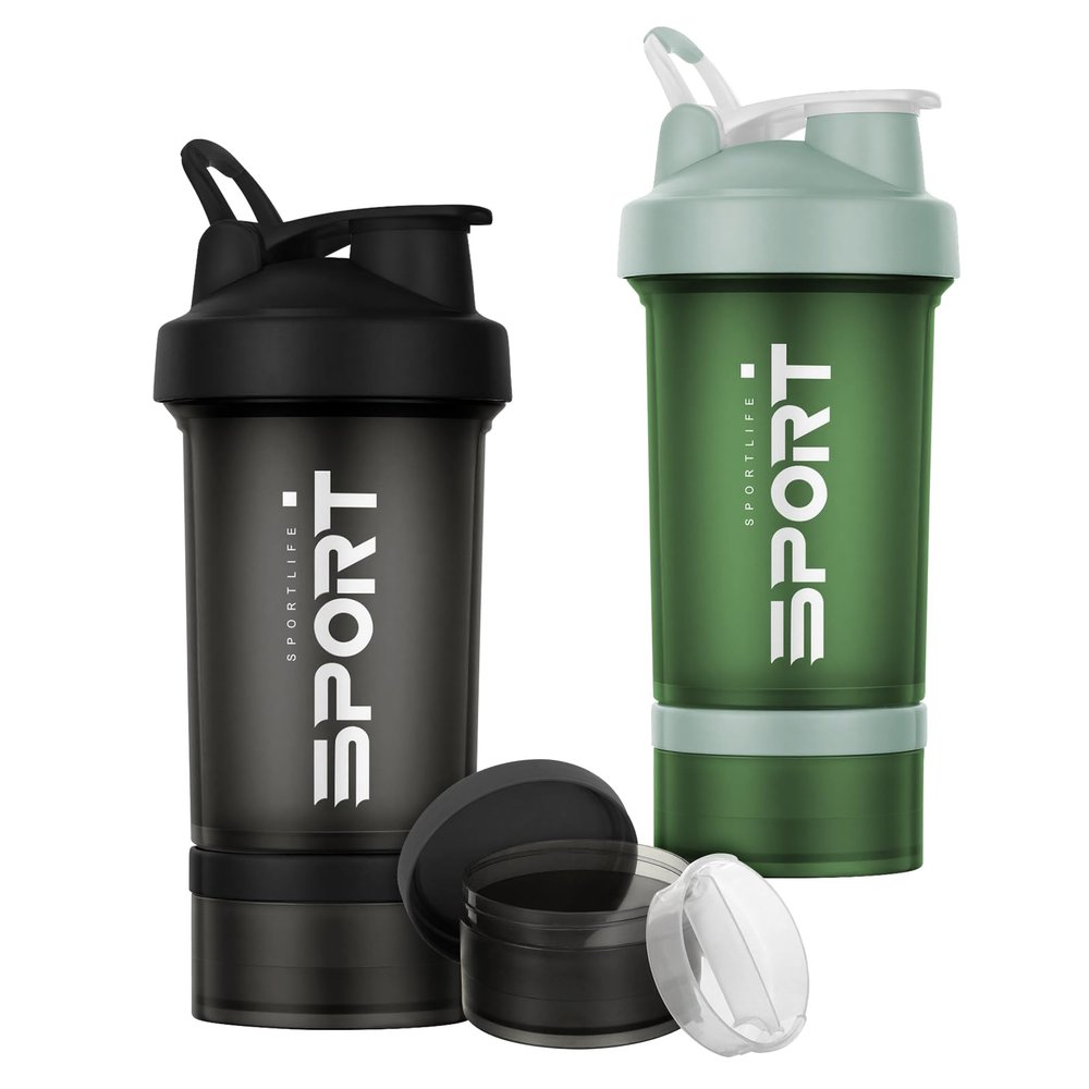 Alaoo Protein Shaker Bottle, 2Pcs Shaker Protein Shakes with Mix Ball Pill Organizer and Storage, Sports Water Bottle for Sports People Fitness Enthusiasts in Gym and Outdoor, Black and Green