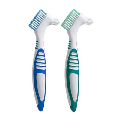 2 Pcs Denture Brush,Double Bristle Head Denture Toothbrush,Soft Bristles Teeth Toothbrush,Comfort Grip Handle Denture Cleaning Brush,for Cleaning False Teeth Mainteance(Green,Blue)