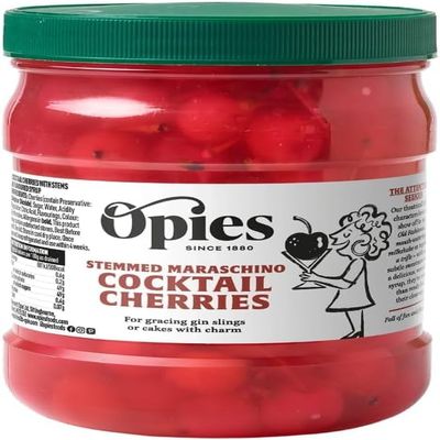 Opies Stemmed Maraschino Cocktail Cherries 1.15kg Pack of 3 - Premium Bright Red Cocktail & Garnish Cherries in Flavoured Maraschino Syrup