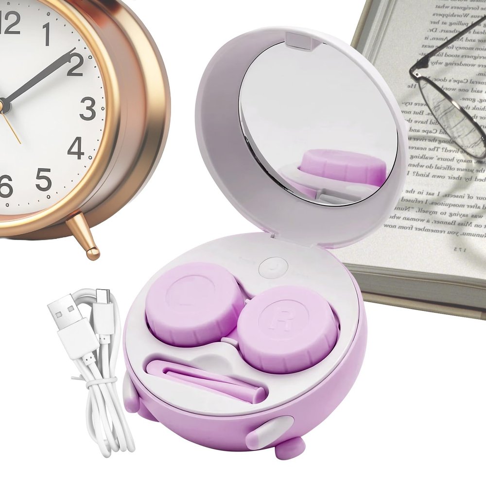 Gihioue Travel Contact Lens Case with Mirror Tweezers Rechargeable Box, Contact Lens Case with Cleaning Function - for Coloured Scleral Soft RGP Lenses for Everyday Outdoor Home School, purple, Siehe