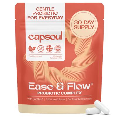 Capsoul Comfort+ Probiotics for Women | Gut Health Supplements with 5 Billion CFU, Prebiotic Fibre PHGG, Peppermint & Fennel | Vegan Support for Bloating Relief for Women - 60 Capsules