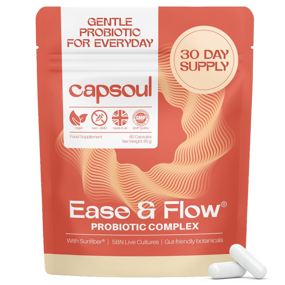 Capsoul Comfort+ Probiotics for Women | Gut Health Supplements with 5 Billion CFU, Prebiotic Fibre PHGG, Peppermint & Fennel | Vegan Support for Bloating Relief for Women - 60 Capsules