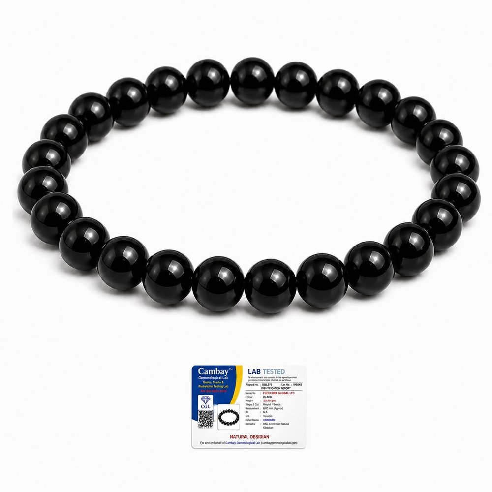 Black Obsidian Bracelet for Protection & Grounding Natural Crystal Bead Bracelet, Spiritual Energy Stone Jewellery, Stretch Fit Unisex Gemstone Bracelet, Includes Authenticity Certiticate
