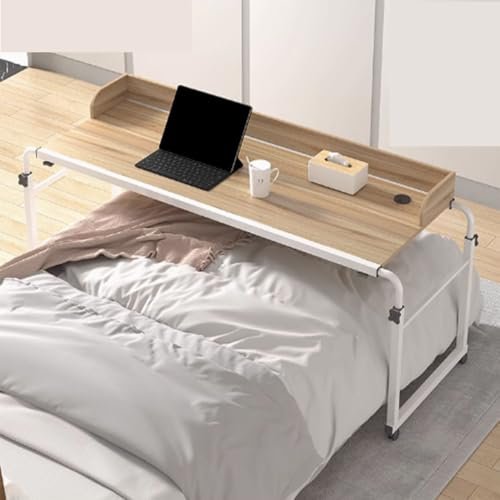 Adjustable Over Bed Table with Wheels - Height Adjustable Overbed Table for Twin/Full/Queen/King Size Beds - Black Rolling Hospital Bed Tray (Wood)