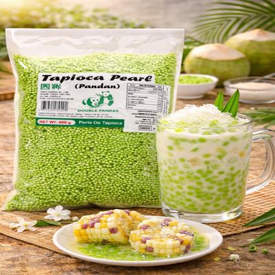 Fakhri Double Panda Tapioca Pearls Pandan Flavour 400g | Ideal for Bubble Tea & Desserts