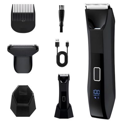 Body Hair Trimmer for Men, Electric Groin & Pubic Hair Trimmer with Charging Dock, IPX7 Waterproof Manscaping Kit, 2 Replaceable Heads with Ceramic Blade & Foil Shaver, USB-C Rechargeable Body Groomer