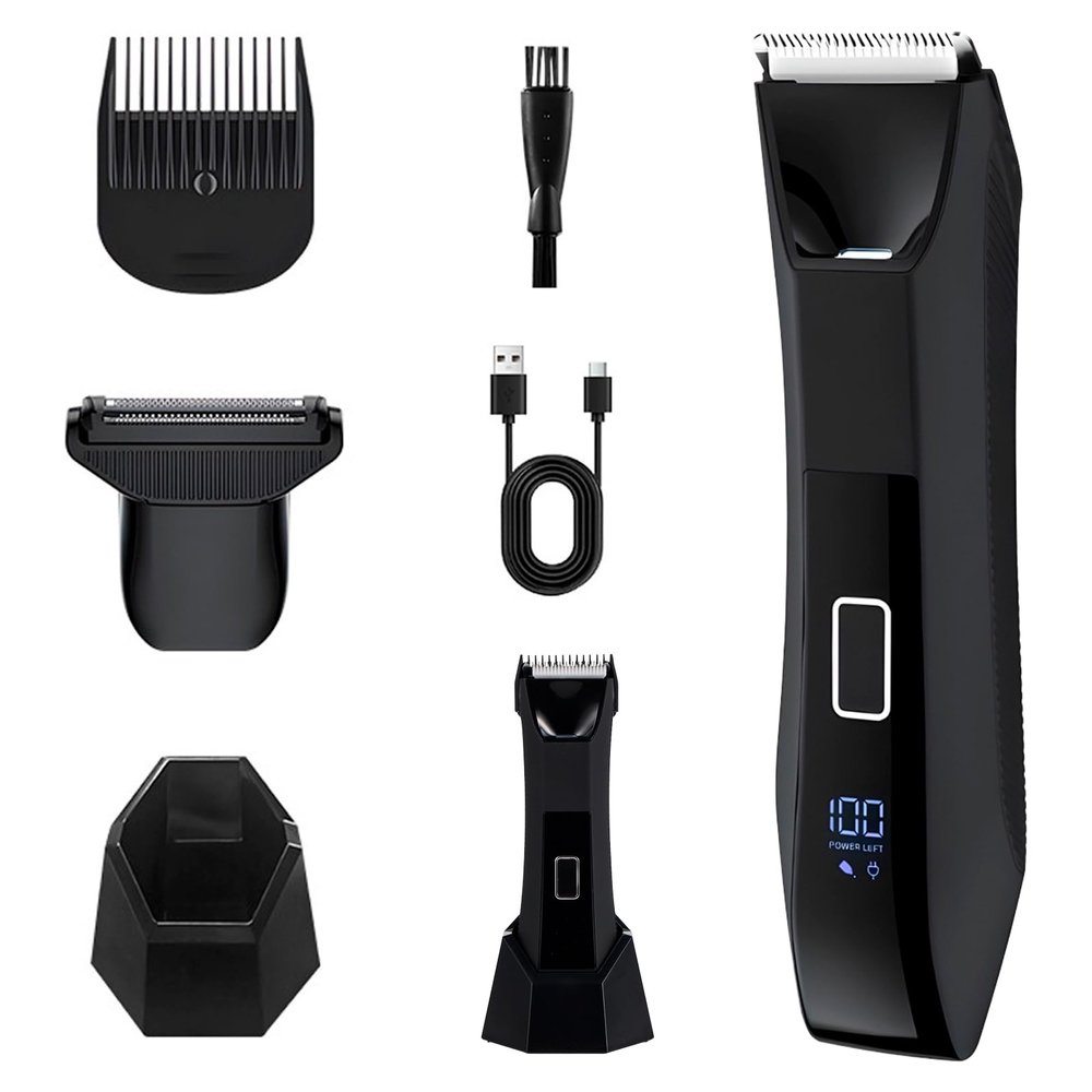 Body Hair Trimmer for Men, Electric Groin & Pubic Hair Trimmer with Charging Dock, IPX7 Waterproof Manscaping Kit, 2 Replaceable Heads with Ceramic Blade & Foil Shaver, USB-C Rechargeable Body Groomer