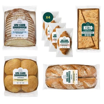 ROBERT ANDREW Low-Carb Sourdough Family Bundle, High Protein & Fibre, Freshly Baked Bread, Freezer Friendly, White Half Bloomer, White Rolls, Baguettes, 4x Chocolate Croissant, Pizza Triangles