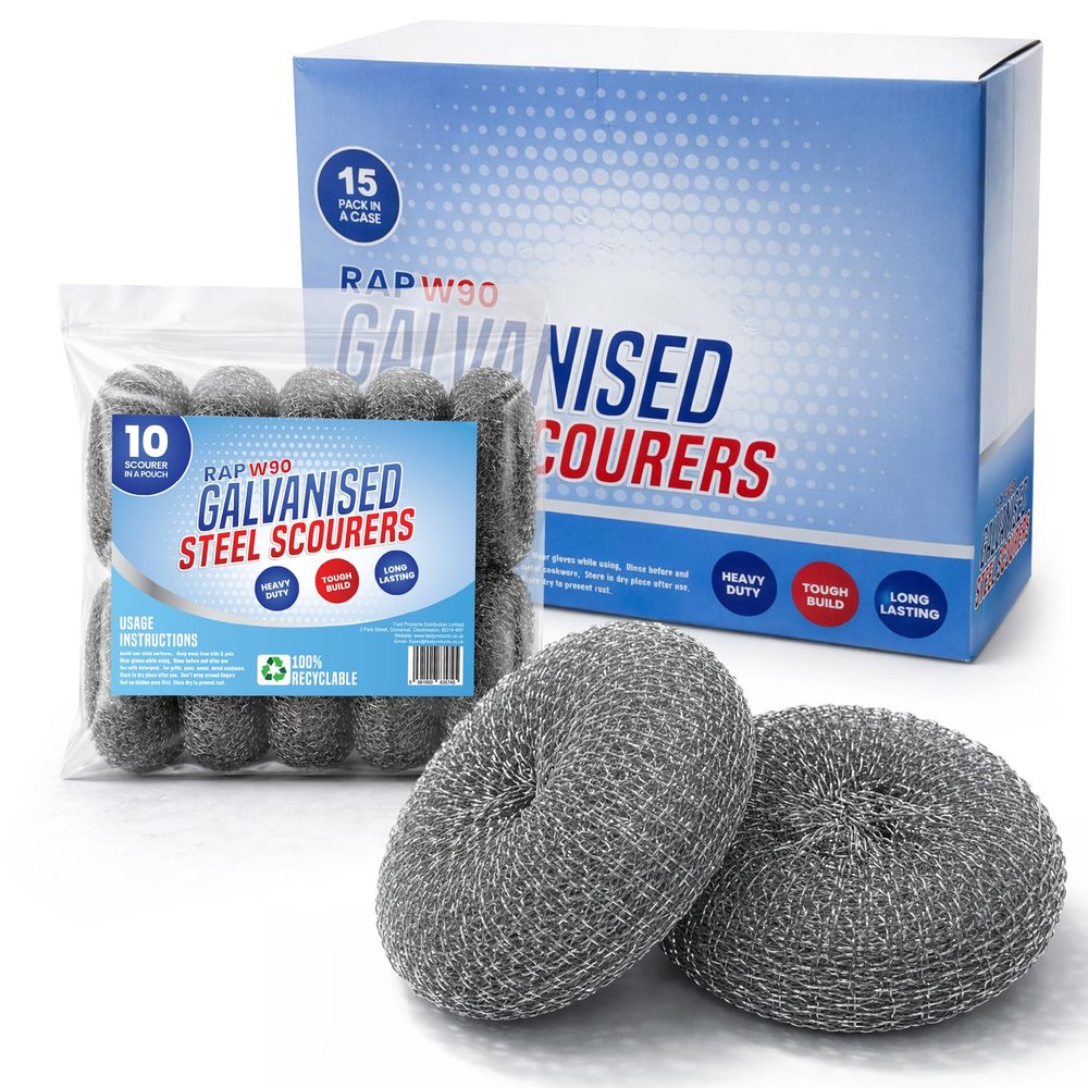 150Pcs Heavy Duty Galvanized Steel Scourers W90 (70g) Bulk Pack Professional Large Wire Scouring Pads for Grill, BBQ, Pots & Pans, Tough Stain & BurntOn Grease Removal Scourers.