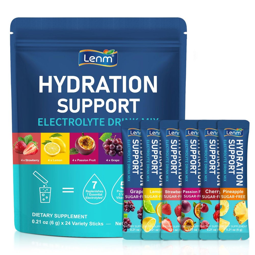 Electrolytes Powder Packets, 24 Sticks Sugar Free Hydration Drink Mix, 6 Fruit Flavours with 7 Essential Electrolytes & 5 Vitamins, Rapid Rehydration Sachets for Sports, Travel & Daily Use