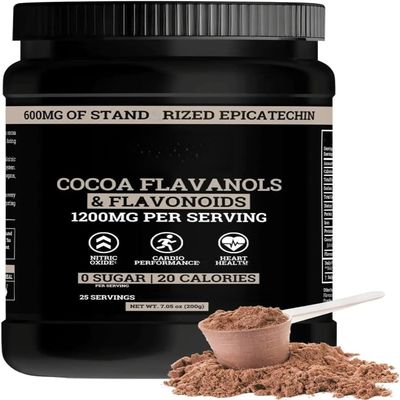 Flavanols/cocoa powder, 10 times more than cocoa, and 600 mg epicatechin, beneficial for heart balance, nitric oxide and energy