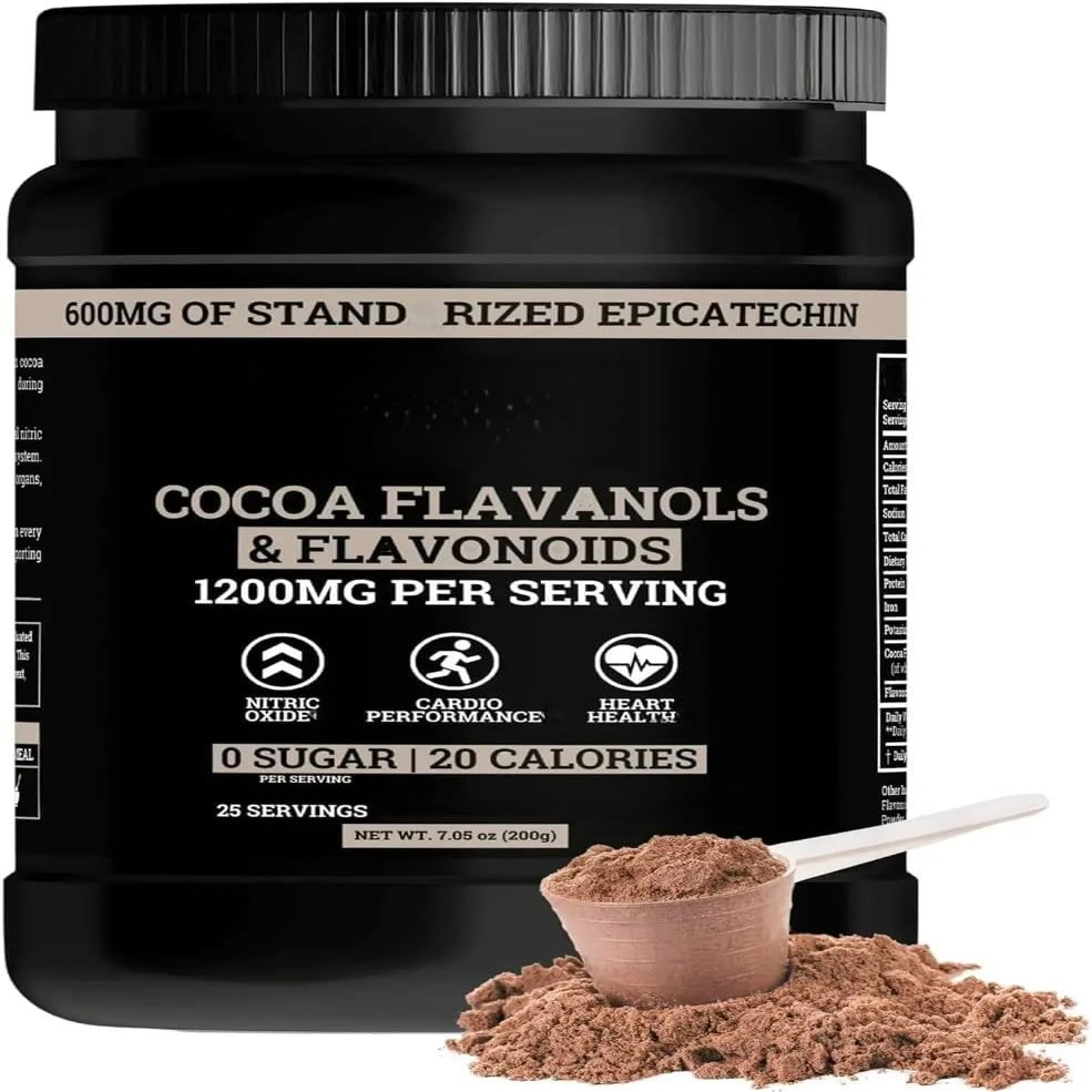 Flavanols/cocoa powder, 10 times more than cocoa, and 600 mg epicatechin, beneficial for heart balance, nitric oxide and energy
