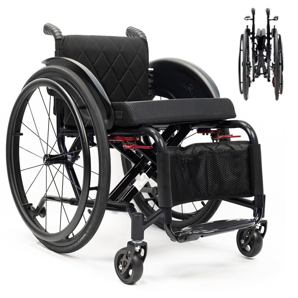 Foldable Sports Wheelchair, Lightweight Reinforced X-Cross Frame, 100kg Capacity for Youth and Adult Mobility
