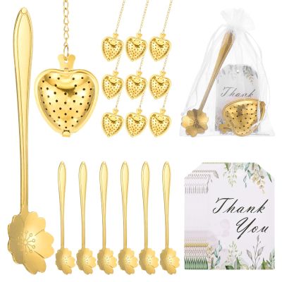 sourcing map 25 Set Bridal Shower Tea Party Favor for Cherry Blossom Spoon Heart Shape Infuser Ball with Thank You, Card Mesh Bag, for Wedding Souvenir Gift, Tea Accessories, Return Gift, Gold