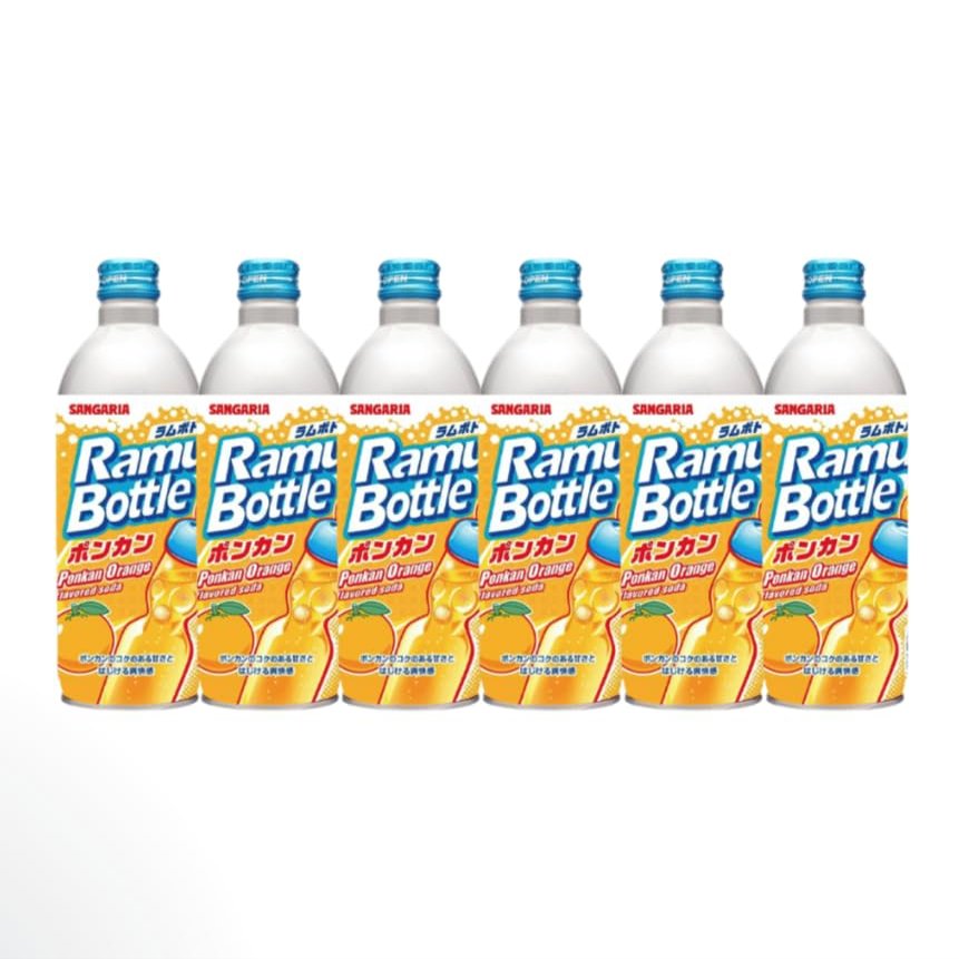 Sangaria Japanese Ramune Soda Drinks Ramu Bottle - Original, Grape, Melon and Orange Flavour 500ml (Pack of 6) (Orange)