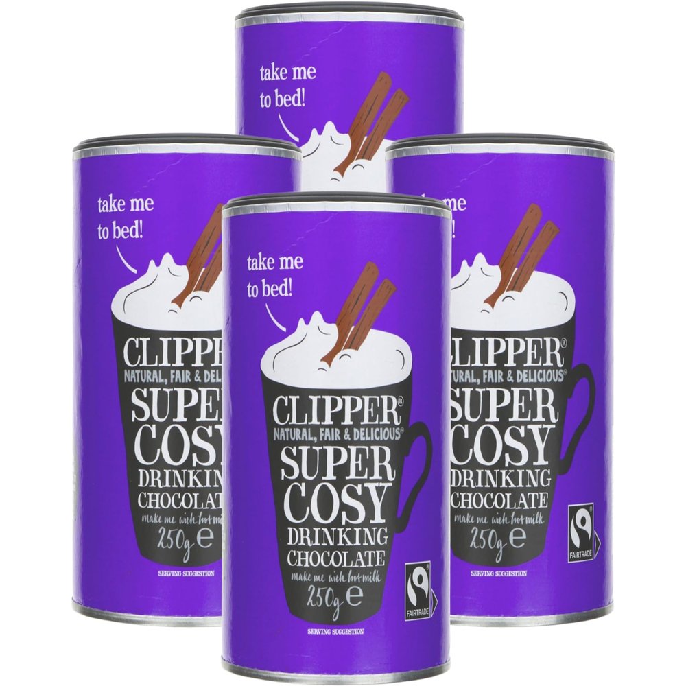 Clipper Super Cosy Fairtrade Drinking Chocolate 250g, Organic Hot Chocolate Powder, Natural Ingredients, Vegan & Gluten Free, Rich & Luxurious Cocoa Drink, (Pack of 4) from SuperfoodUK