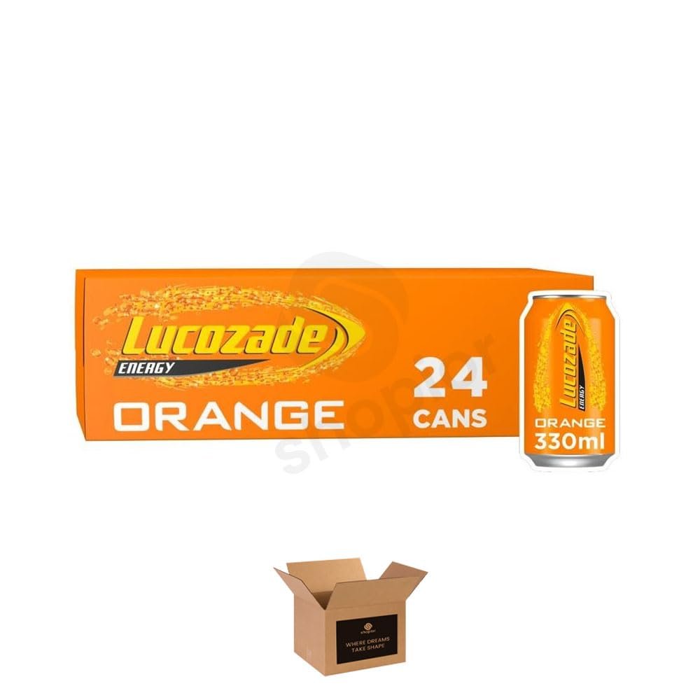 Energy Drink Bottles Sparkling Glucose Energy Boost Flavoured Drinks Classic Carbonated Refreshing Drink for Sports, Work, Study & Hydration (Lucozade Orange Cans - 330ml x 24Pack)