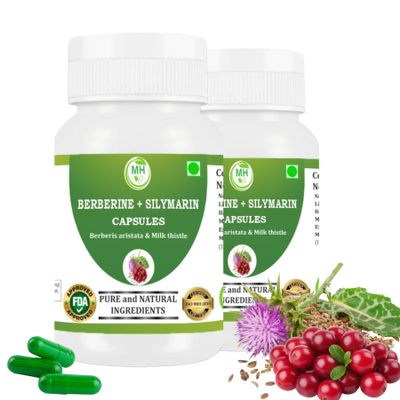 Berberine 50% + Milk Thistle Extract Capsules | Berberis Aristata & Silymarin 80% | Standardized Botanical Herbal Supplement | 60 Vegetarian Capsules | Plant Based Formula | Pack of 2