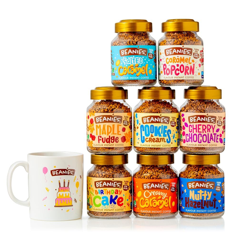 Beanies Flavoured Instant Coffee Birthday Gift Set with Mug 400g (8 x 50g Jars) - Nutty Hazelnut, Caramel, Cookies & Cream, Birthday Cake & More, Sugar Free, Low Calorie