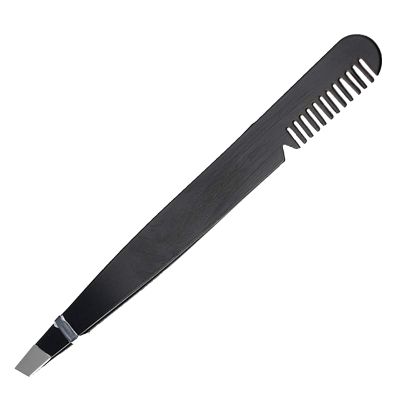 3.75 Inch Stainless Steel Eyebrow Tweezers with Comb, Slanted Tips, Black, Professional Grooming Tool