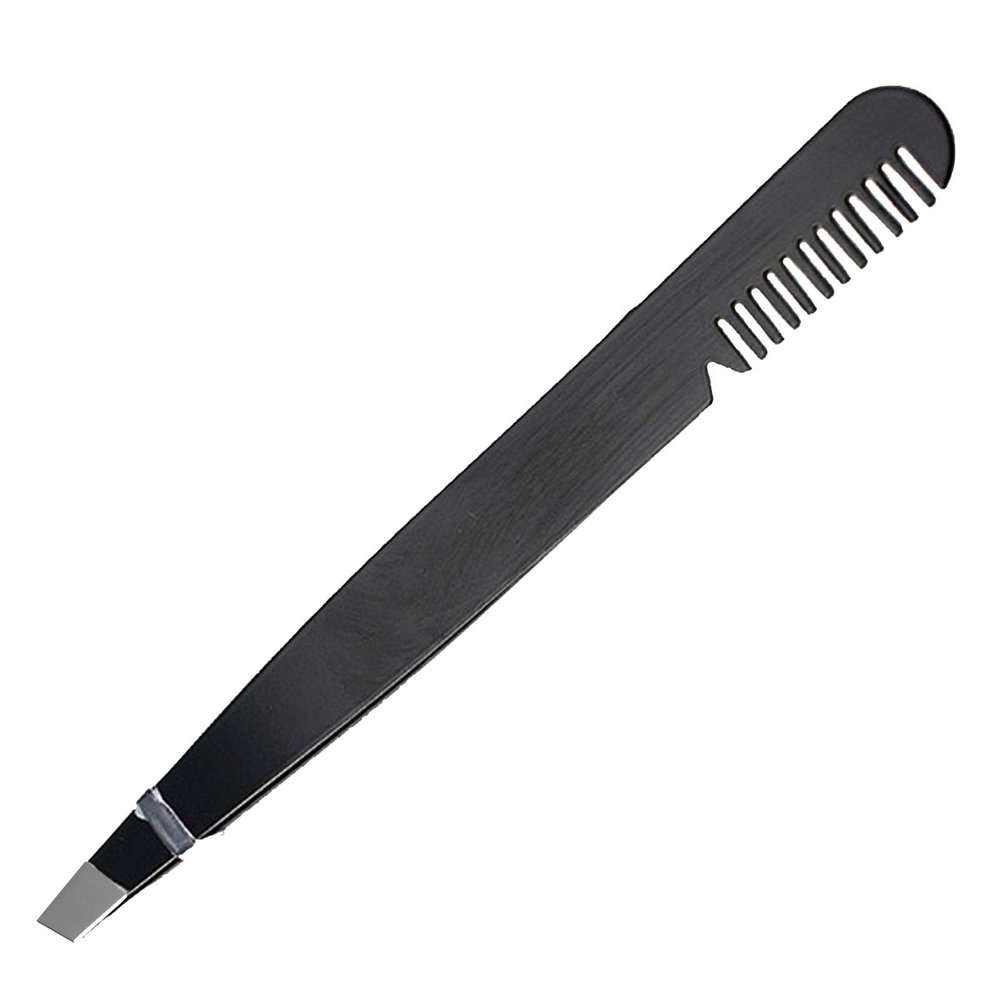 3.75 Inch Stainless Steel Eyebrow Tweezers with Comb, Slanted Tips, Black, Professional Grooming Tool