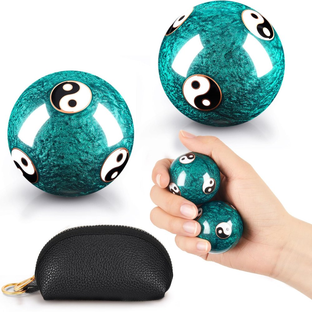 AceOrbit Baoding Balls Set of 2 with Chime, Chinese Stress Relief Hand Exercise Balls with Leather Pouch, 1.85 Inch Green Yin Yang Bagua Design, Finger Exercise and Wrist Strength Training
