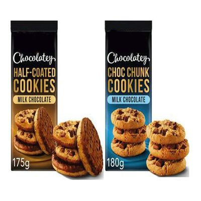 Chocolatey Half-Coated Milk Chocolate Cookies 175g and Choc Chunk Milk Chocolate Cookies 180g, Suitable for Vegetarians, Pack of 2