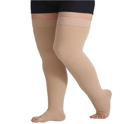 Compression Stockings 1Pair Thigh High 20-32 MmHg Compression Stocking Toeless Socks For Women & Men Circulation With Silicone Dot Band for Flying(Beige,L)