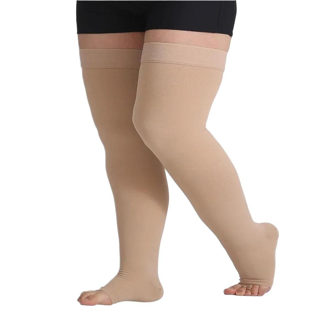 Compression Stockings 1Pair Thigh High 20-32 MmHg Compression Stocking Toeless Socks For Women & Men Circulation With Silicone Dot Band for Flying(Beige,L)