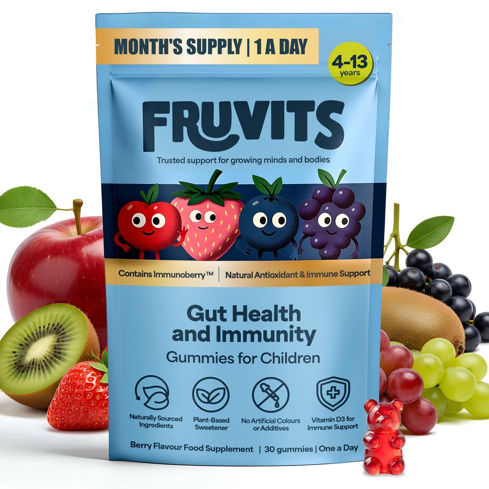 FRUVITS Kids Prebiotic Gummies 1-a-Day, Sugar-Free Gut Health & Immune Support with Inulin, Vitamin D3 & Immunoberry Vegan, Allergen-Free Blueberry Flavour 30-Day Supply, Ages 4-13