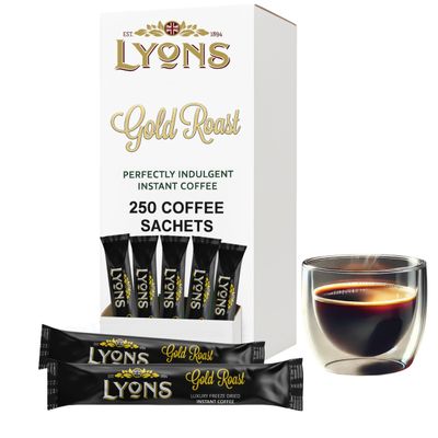 250pcs Lyons Gold Roast Individual Instant Coffee Sachets - 1.5g Gold Roast One Cup Coffee Sticks - Single Serve Individual Hot Drink Sachets for Hotels, Offices and Travel Essentials