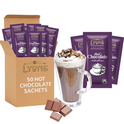 50pcs Lyons Hot Chocolate Sachets - Fair Trade Cocoa Powder instant hot chocolate Sachets Single Serve Individual Hot Drink Sachet for Hotels, Offices and Travel, Mothers Day Gifts