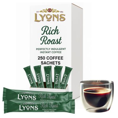 250pcs Lyons Rich Roast Individual Instant Coffee Sachets - 1.5g Rich Roast One Cup Coffee Sticks - Single Serve Individual Hot Drink Sachets for Hotels, Offices and Travel