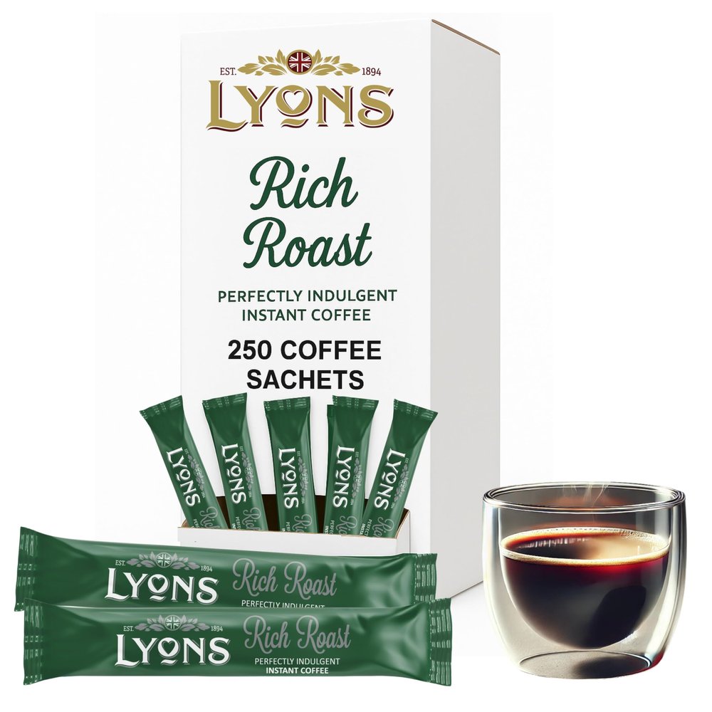 250pcs Lyons Rich Roast Individual Instant Coffee Sachets - 1.5g Rich Roast One Cup Coffee Sticks - Single Serve Individual Hot Drink Sachets for Hotels, Offices and Travel