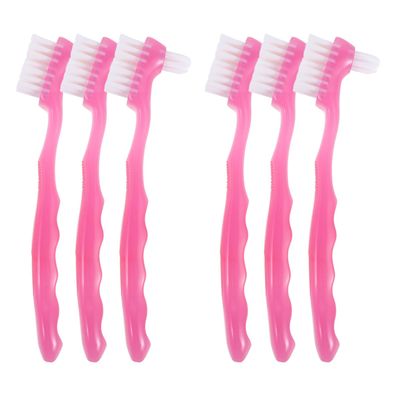 NIYANGLE 6pcs Dual-Ended Denture Cleaning Brushes for Elderly Soft Bristle Toothbrush Set for False Teeth Care, Portable Oral Cleaning Tool with Ergonomic Handle, Rosy Pink